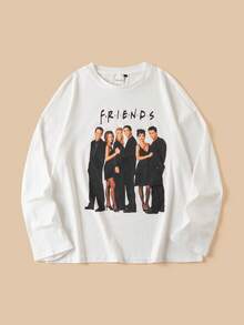 FRIENDS X SHEIN 女士休闲图案落肩 T 恤，秋季 - 白色 - 查看 1