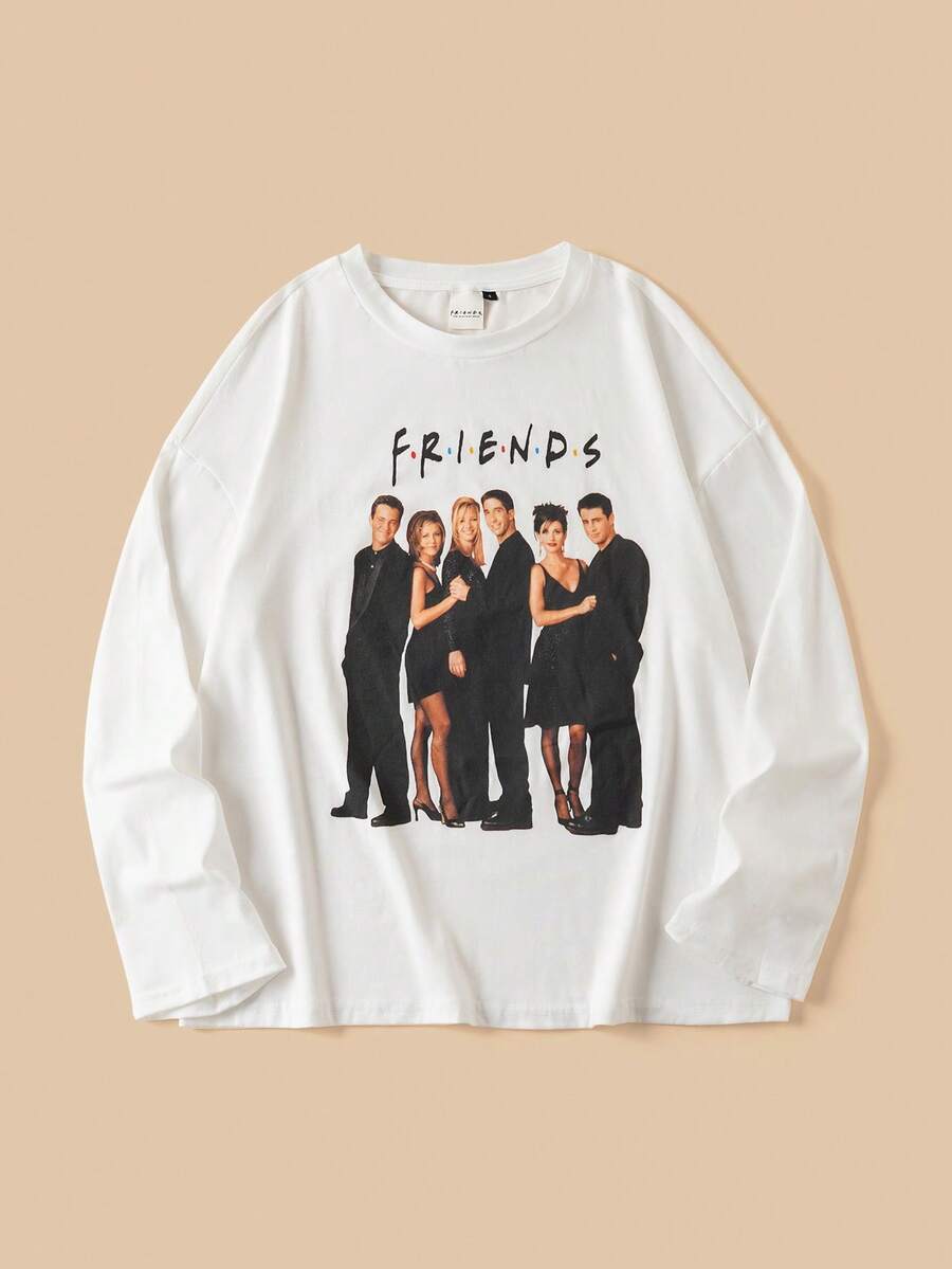 FRIENDS X SHEIN 女士休闲图案落肩 T 恤，秋季 - 白色 - 查看 1