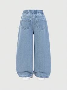 SHEIN ChillGRL Young Girls Casual Fashion Sweet Rabbit Print & Bowknot Design Mid-Blue Washed Straight Leg Jeans, Cute Girls Versatile Denim Item - Medium Wash - View 2