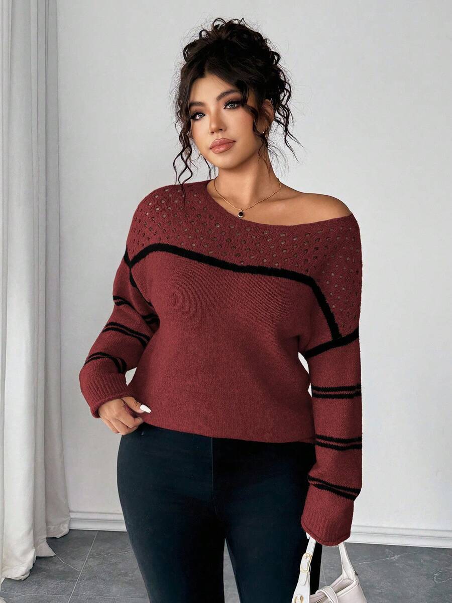 Elenzga Christmas Plus Size Women Sweater, Knitted Hollow Out Ribbed Hem Colorblock Striped Long Sleeve Pullover Casual Versatile Sweater - Burgundy - View 1
