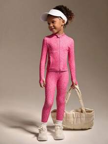 SHEIN 2 sztuki/zestaw: kurtka i legginsy dla dziewcząt w kolorze fuksji z nadrukiem w panterkę, bardzo elastyczny i wygodny materiał, dopasowany krój, odpowiedni do biegania, fitnessu, tenisa i badmintona