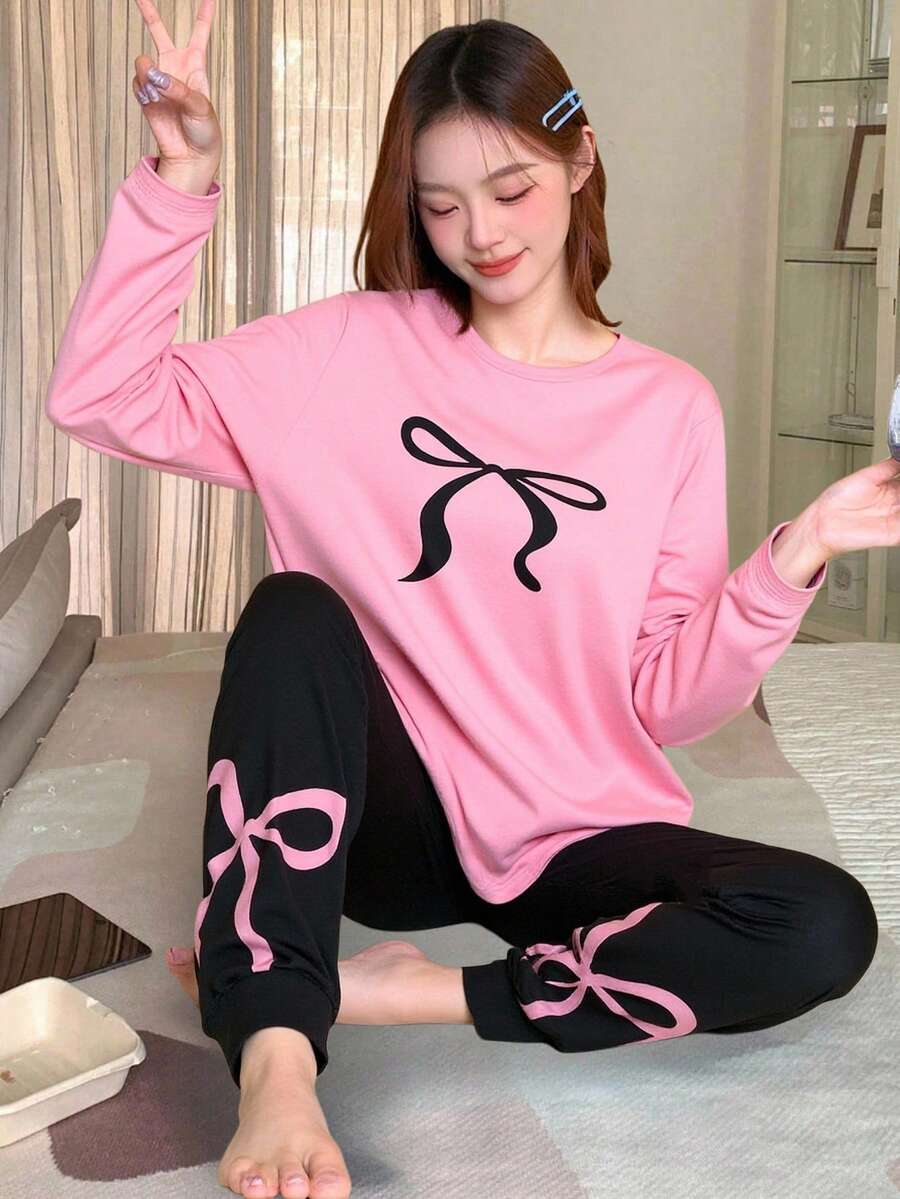 2pcs/Set Cute, Charming & Elegant Black With Pink Bow Knitted Stretchy Long Sleeve Top And Pants Pajama Set, Suitable For Teens And Young Women, Spring/Autumn - Pink - View 1