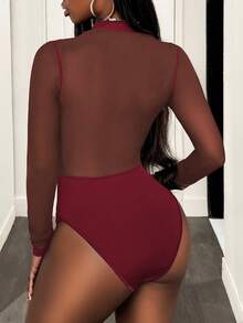 BamGleam 性感镂空钢圈半透明长袖女式紧身衣，秋季 - 酒紅色 - 查看 2