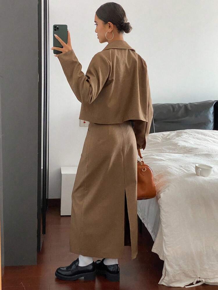 Women 2 Pieces Set: Loose Pocket Lapel Long Sleeve Jacket Coat & Straight Hem Skirt, Casual Autumn/Winter Outfit