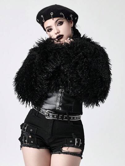 Goth Women's Faux Fur Patchwork PU Leather Short Jacket, Autumn/Winter