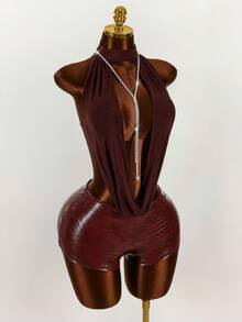 Amplova Mesh Deep Draped Neck Halter Backless PU Patchwork Bodysuit