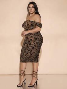 SHEIN BAE 大码假期夏装 夏装 春装 柔和色连衣裙 海滩女士连衣裙 长海滩连衣裙 夏季连衣裙、婚礼宾客连衣裙、露肩褶皱连衣裙 花卉印花植绒连衣裙 中长款女士连衣裙 秋季女士服装、女士生日连衣裙 - 棕色 - 查看 3