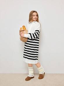 Vestidos de suéter para meninas adolescentes, casuais, soltos e de manga comprida, com listras coloridas