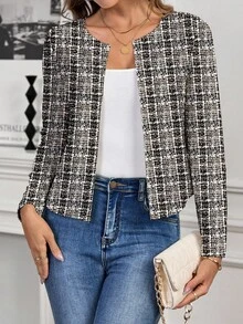 SHEIN Clasi Women's Casual Minimalist Jacket, Suitable For Autumn/Winter, Faux Tweed