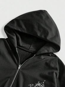 ROMWE MEN Men's Autumn Gothic Print Zip-Up Casual Loose Hoodie Sweatshirt - Black - View 3