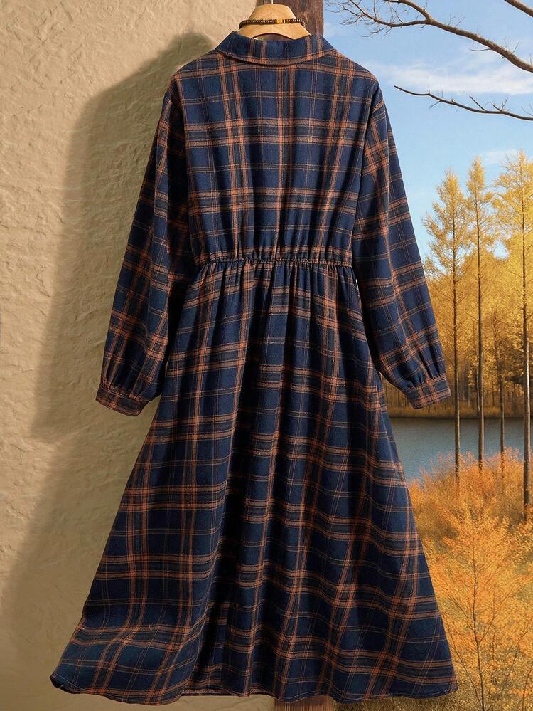 Plus Size Women Fall /Winter Contry Causul  Vacation Dresses For Women  Plaid Long Sleeve Button Down Leisure Shirt Long Dress For Fall, Winter Women Clothes,Going Out Outfits,2025 New Clothes,Dresses Casual,Flowy Dress,Simple And Fashionable For Everyday Wear,Christmas Outfit For Women ,New Year Clothes
