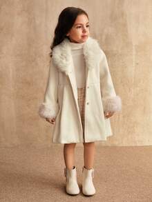 SHEIN 女童白色长款外套，珍珠纽扣 V 领，优雅秋冬外套，家庭装搭配 - 白色 - 查看 3