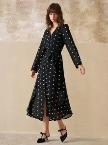 Cévolie Women's Polka Dot Print Overlap V-Neck Puff Sleeve Elegant Dress Fall Cloth For Women - Black and White - View 7