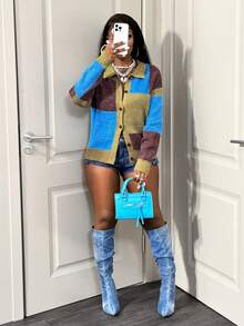 SHEIN BamGlam Áo len cardigan nữ dệt kim dài tay cổ polo nút xanh lá cây xanh lam nâu vuông rộng rãi du lịch thường ngày tiệc tùng quần áo nữ phong cách xuân thu mùa hè đông thu - Nhiều màu - Xem 4