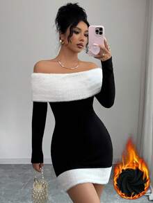 Modelyn Elegant Off Shoulder Knitted Fuzzy Color Block Mini Dress For Party, Autumn/Winter - Black and White - View 2
