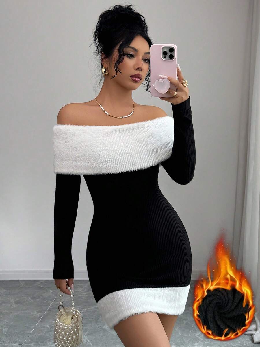 Modelyn Elegant Off Shoulder Knitted Fuzzy Color Block Mini Dress For Party, Autumn/Winter