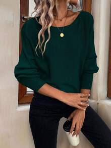 EMERY ROSE Casual Solid Color Batwing Sleeve Sweater, Autumn/Winter - Dark Green - View 6