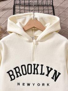 青少年女孩长袖前拉链字母印花连帽衫上衣和紧身裤 2 件套 - 黑與白 - 查看 7