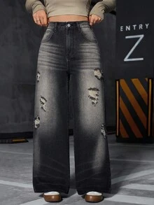 SHEIN Calça jeans feminina casual versátil, escura, desgastada, com perna reta