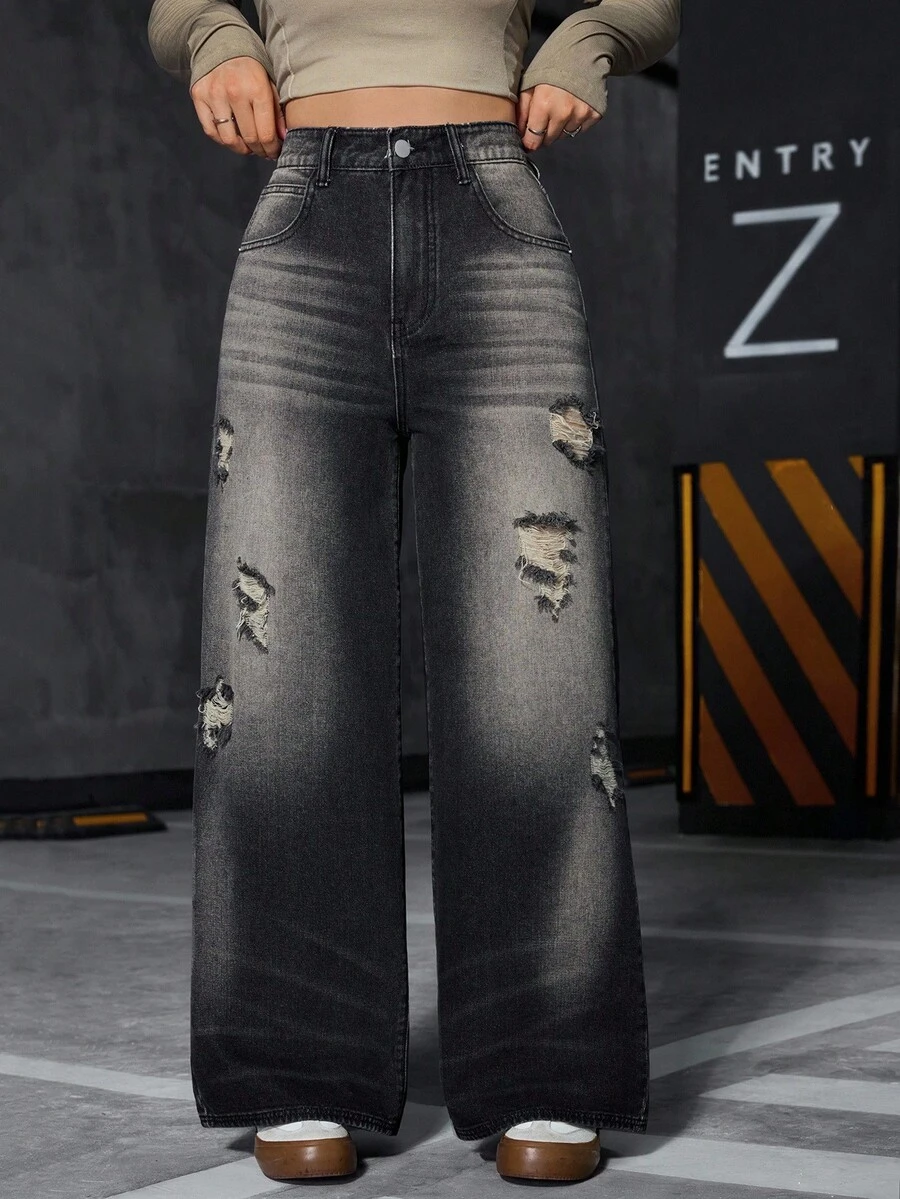 SHEIN Calça jeans feminina casual versátil, escura, desgastada, com perna reta