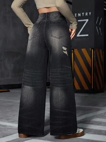 SHEIN Calça jeans feminina casual versátil, escura, desgastada, com perna reta