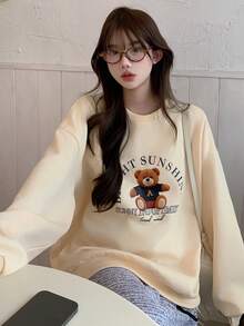 DAZY Áo nỉ cổ tròn lót nhiệt in hình gấu hoạt hình dành cho nữ, Thu/Đông - Vàng nhạt - Xem 3