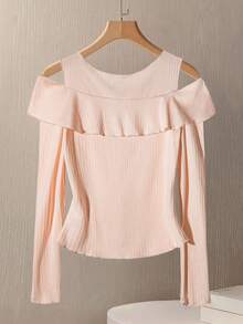 GlowEve Women's Solid Color Button Design Off-Shoulder Long Sleeve Ribbed Fashionable T-Shirt - Baby Pink - View 2