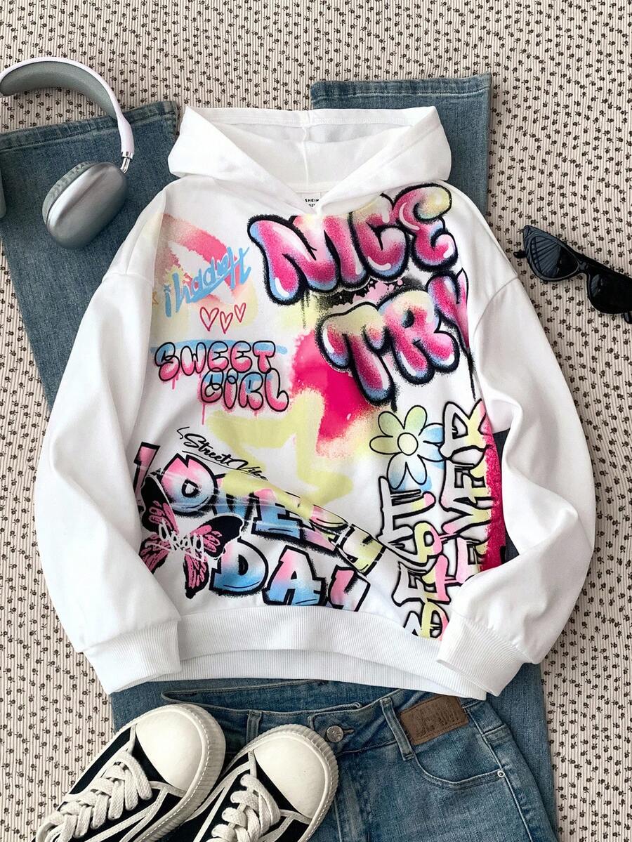 SHEIN Tween Girl Colorful Graffiti Print Loose Fit Pullover Sweatshirt, Thick & Fashionable Versatile White Casual Wear Autumn Winter Clothes Girlomen - White - View 1