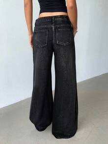 Aloruh 女式低腰亮片拼接优雅口袋牛仔裤 - 灰色 - 查看 2