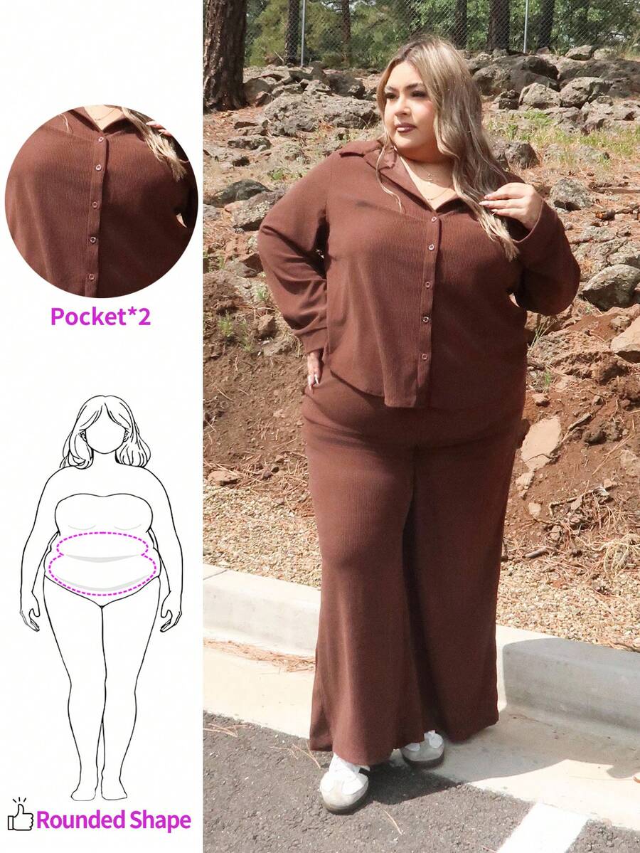Enliva Melanieangelese 2pcs Plus Size Women's Solid Color Button-Front Long Sleeve Blouse And Pants Set, For Apple Rounded Body Shape - Rust Brown - View 1