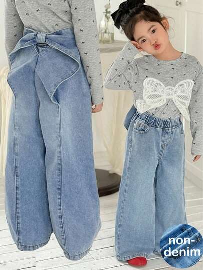 SHEIN 女婴休闲可爱百搭蝴蝶结装饰松紧腰蓝色裤子