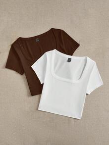 SHEIN EZwear 2pcs Brown & White Casual Minimalist Round Neck Short Sleeve Cropped Fitted Women T-Shirts - Multicolor - View 5