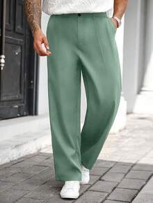 Manfinity CasualCool Plus Size Men Solid Color Pocket Straight Leg Loose Casual Pants, Fall