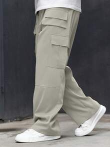 Manfinity Homme Quần Cargo nam màu trơn cỡ lớn có dây rút có túi, phong cách thường ngày, mùa thu - Màu be - Xem 5