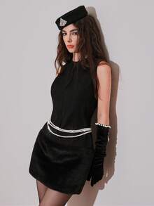 Poshira Women's Solid Color Round Neck Furry Hem Sleeveless Fashion Mini Dress - Black - View 4