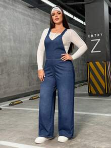 Flexra Plus Size Women Pocket Design Wide Leg Loose Casual Bib Overall Jumpsuit