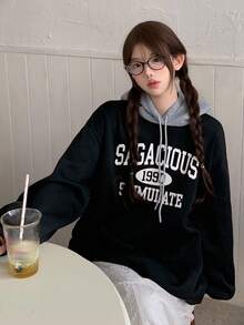 DAZY 女士休闲连帽长袖运动衫，秋冬 - 黑色 - 查看 3