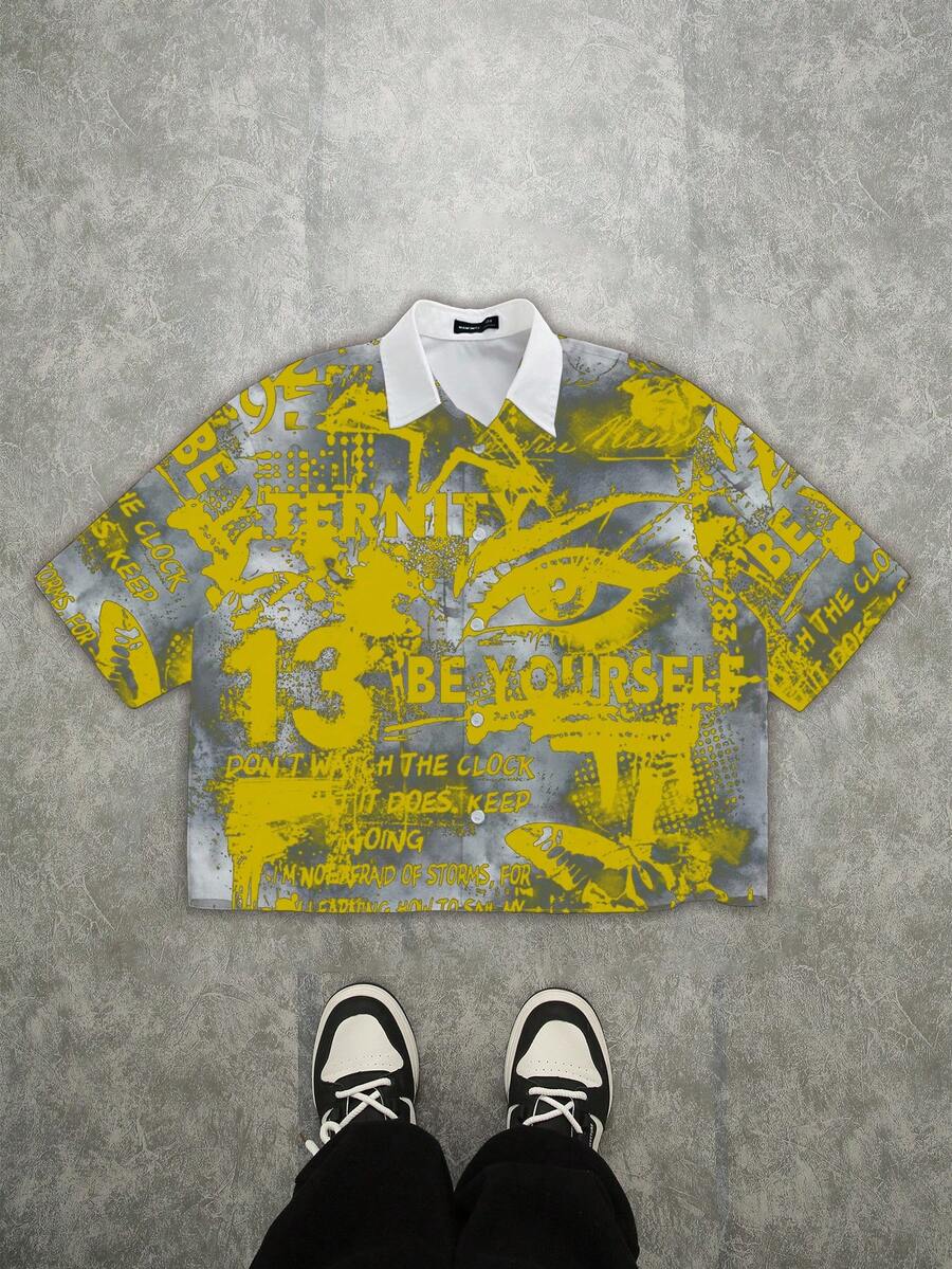 Manfinity ZONE917 Men's Letter Print Short Sleeve Casual Cropped Shirt