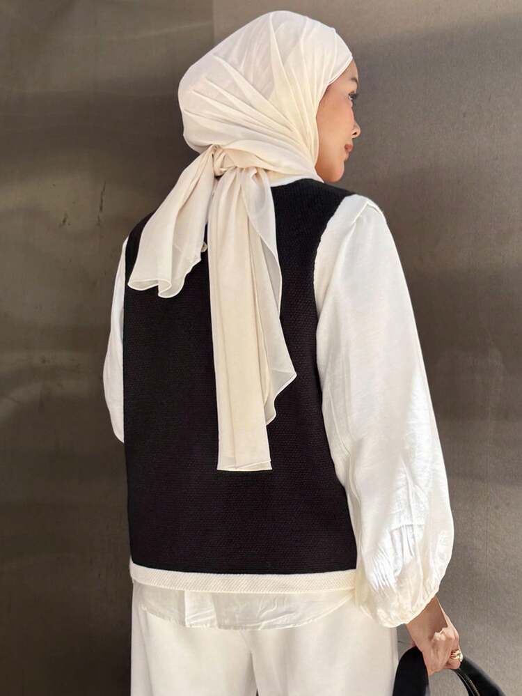 Women's Casual Contrast Color Sleeveless Sweater Vest, Autumn Modest Fashion