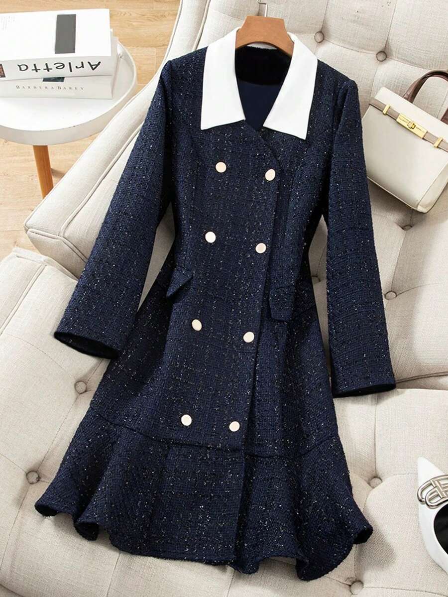 Franclia 新款翻领长袖收腰优雅奢华时尚女式长袖连衣裙 - 藏蓝色 - 查看 1