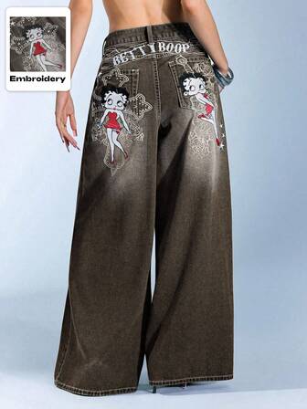 Betty Boop | ROMWE Gothic Cross Embroidered Distressed Wash Oversized Wide Leg Extra Long Y2K Jeans