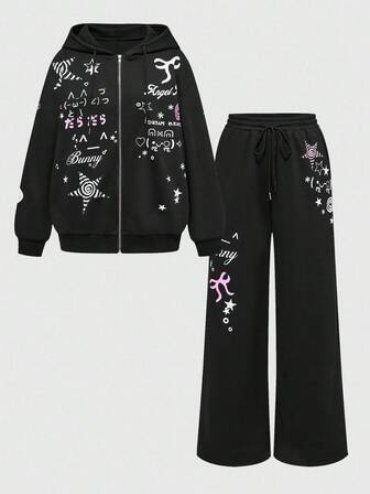 2 pezzi Set di felpa e pantaloni della tuta oversize da donna, stile dolce e carino con stelle, fiocco e ali