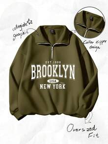 Attitoon Attitoon Retro American Campus Style Casual Oversized Unisex Women's Loose Half-Zip High Neck Fleece Hoodie, Suitable For Autumn/Winter