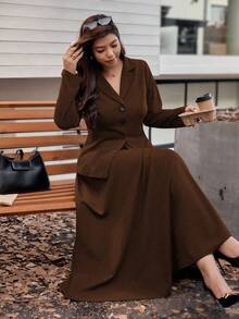 Vionelle Bộ 2 món áo dài tay phong cách Pháp thường ngày cho nữ cỡ lớn và chân váy midi, mùa thu/đông - màu nâu - Xem 8