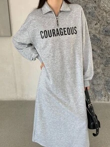 SHEIN Áo đầm nỉ dài tay in chữ màu xám cho bé gái tuổi teen, kiểu dáng thường ngày, dễ phối đồ, phù hợp cho mùa tựu trường, thu/đông. - Xám - Xem 8