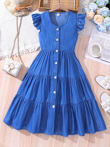 SHEIN Tween Girls' Sleeveless Denim Dress With Button Front, Lightweight For Spring/Summer - Blue - View 1