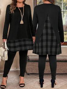 Plus Size Women's Autumn/Winter Plaid Patchwork Loose T-Shirt And Skinny Leggings Two Pieces Casual Outfit - Multicolor - View 1