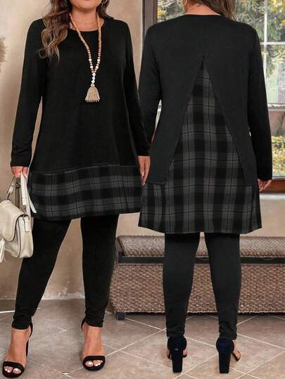 Plus Size Women's Autumn/Winter Plaid Patchwork Loose T-Shirt And Skinny Leggings Two Pieces Casual Outfit