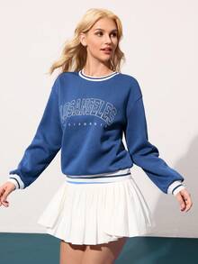 CourtClass Hanorac cu mânecă lungă și croială lejeră pentru femei, cu imprimeu de litere și umeri căzuți - Albastru - Vizualizare 4