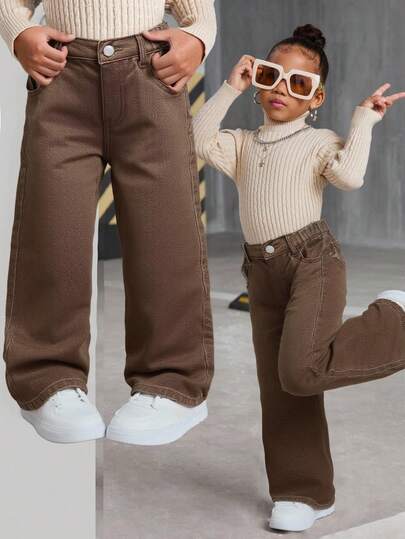 SHEIN Young Girl Y2k Pocketed Wide Leg Brown Denim Loose Pants,Fall Clothes,Winter Clothing ,Casual And Fashionable Vacation Outfits,Streetwear,2000s Style ,Halloween Denim Jeans ,Christmas